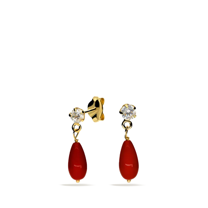 Pendientes coral lagrima oro 18 quilates