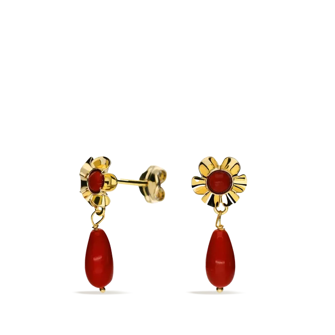 Pendientes coral lagrima flor oro 18 quilates